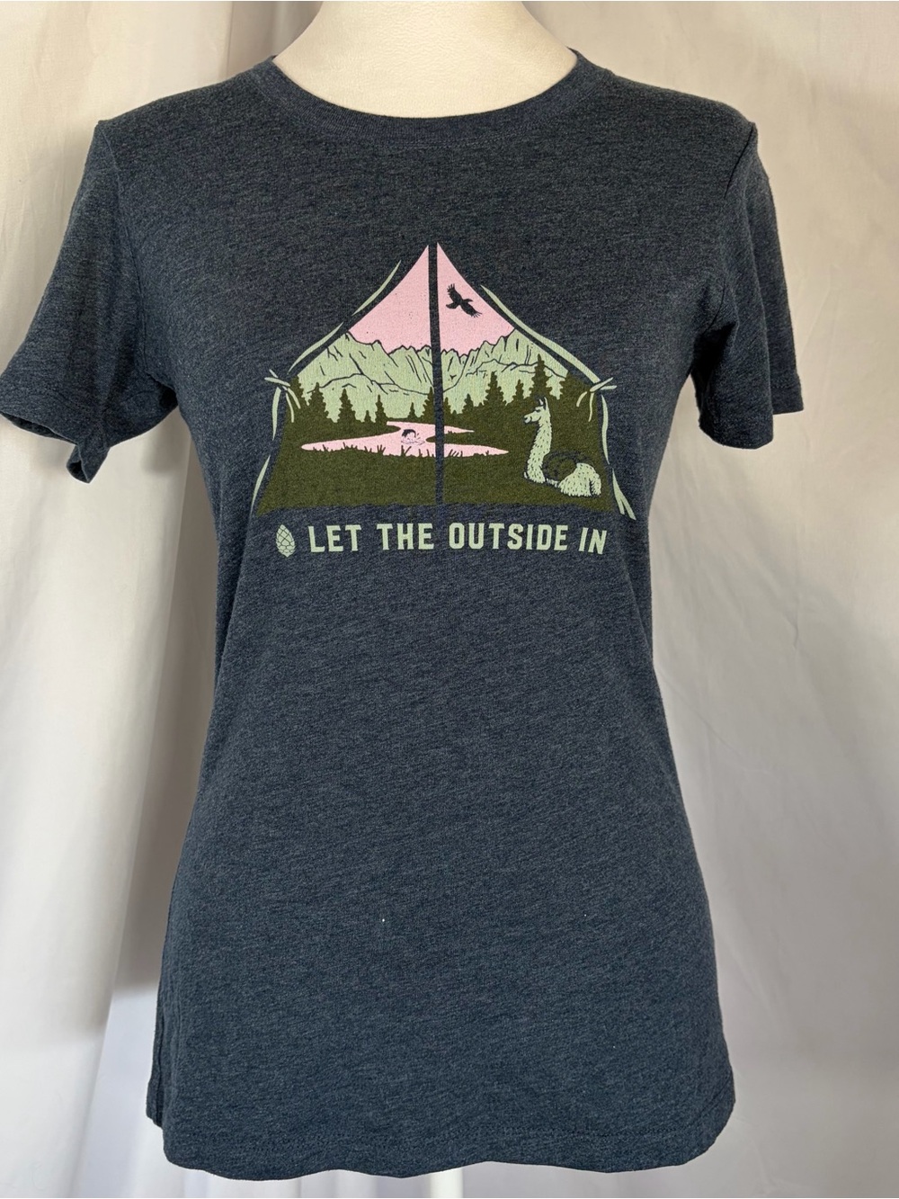 Stio Women’s Graphic Tee "Let The Outside In" Dark Blue Heather XS Camping Tent